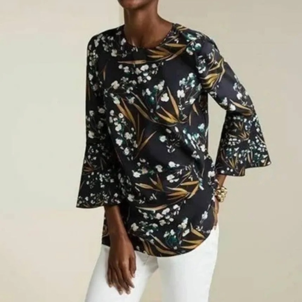 Lafayette 148 Women's Sidra Silk 3/4-Bell-Sleeve Blouse, floral, navy, size M